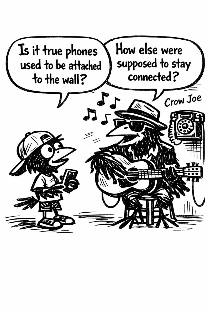 crow joe in the age of ai comic - kid crow, young crow with backwards hat and smartphone in hand, asks 'is it true phones used to be attached to the wall?' crow joe the blues playing crow with a rotary phone behind him quips 'how else were we supposed to stay connected?' landline phones used to be literally connected to the wall.  smartphones with social media are marketed as connecting us to each other.  landline phones might have done a better job of that.